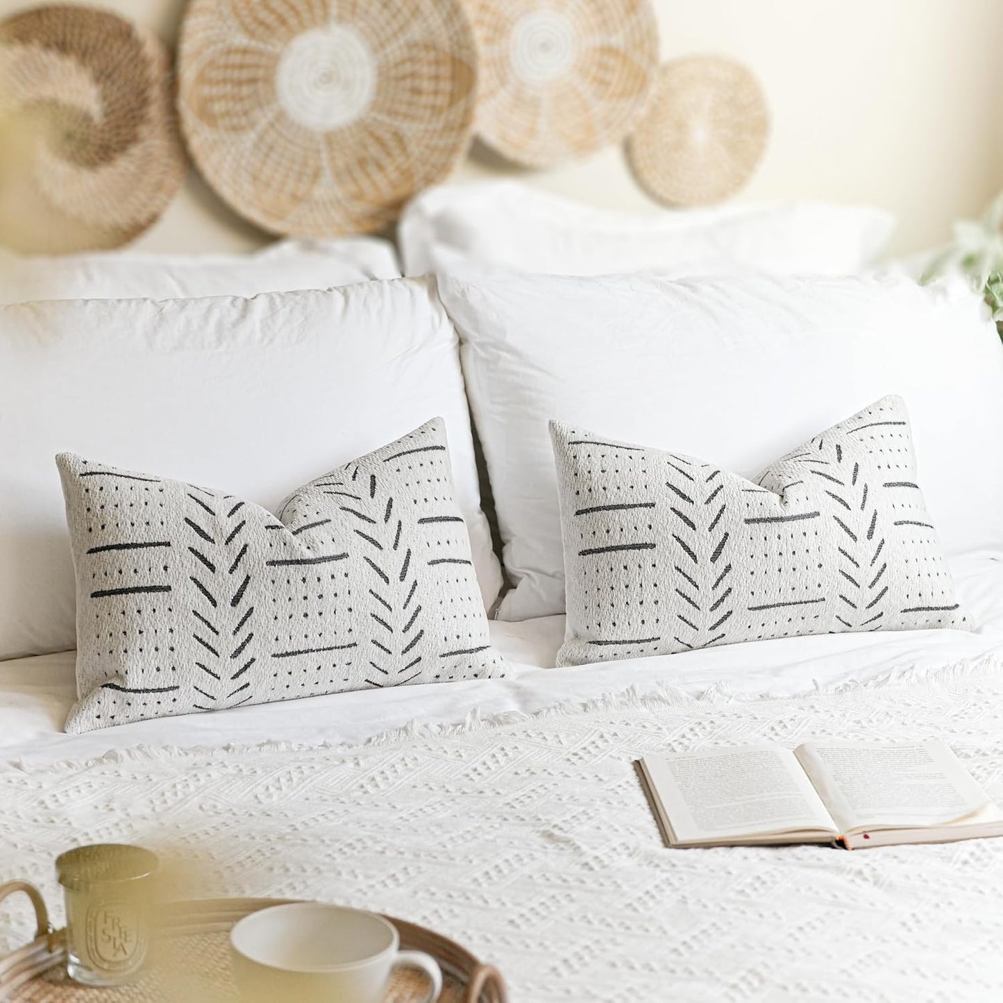 BlissBlush Off White Decorative Lumbar Throw Pillow Covers 12X20, Set of 2, Boho Farmhouse Cushion Cover, Soft Accent Pillowcase for Couch Sofa Bed Living Room Home Décor