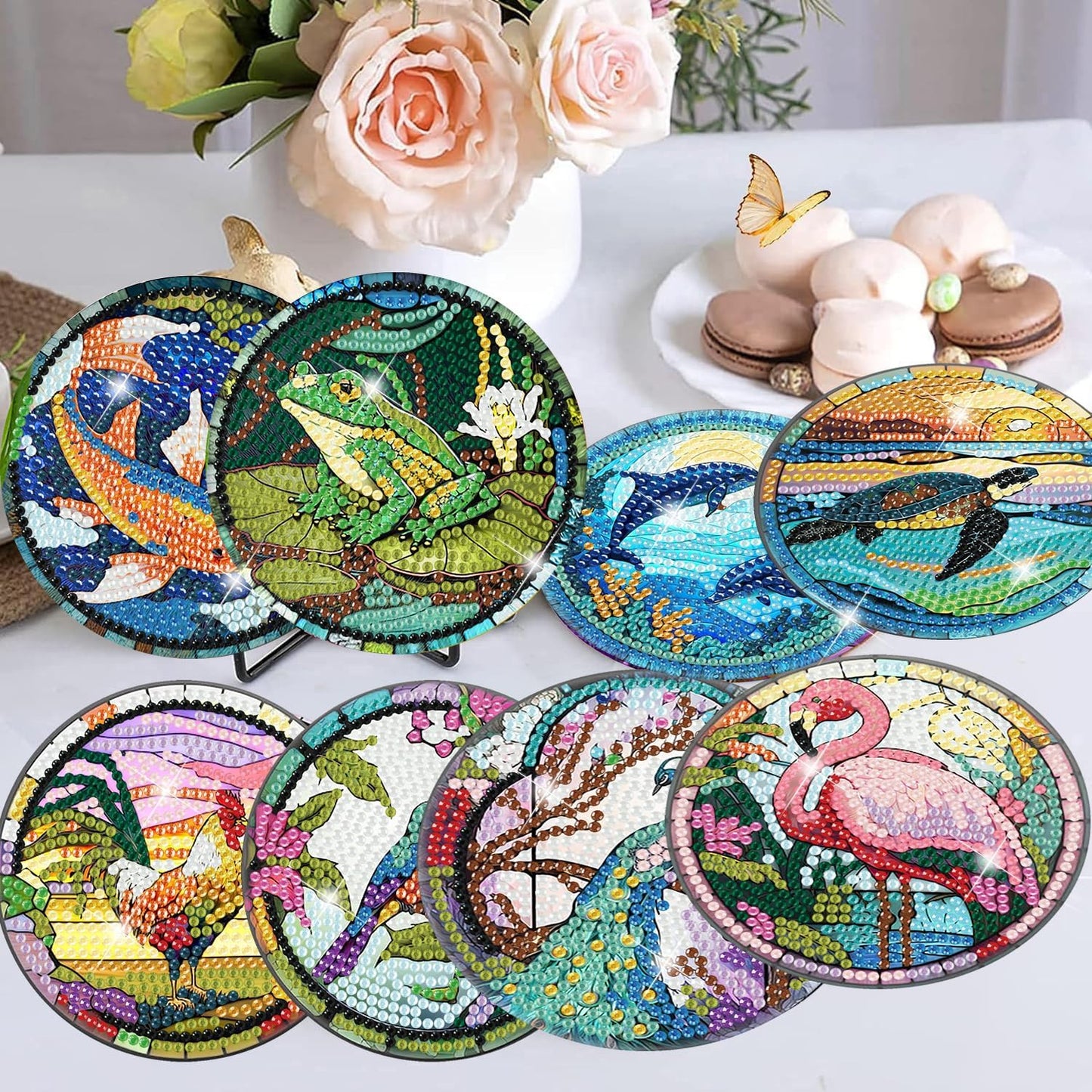Meothan 8 Pcs Diamond Art Coasters Kits for Adults with Holder Cork Pads, Diamond Dots Art Painting Coasters Crafts Kit for Home Office Decor (Different Animals)