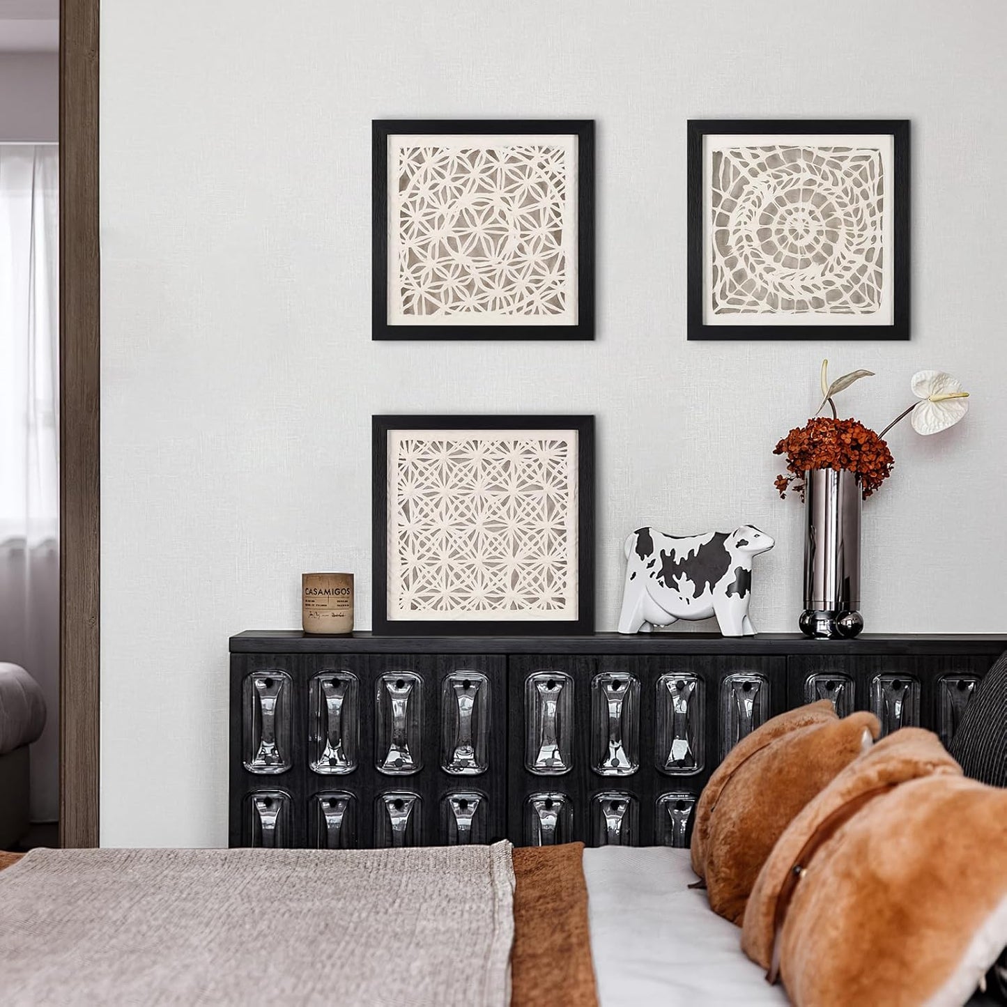 FOLKOR Abstract Framed Black and White Wall Art for Hallway Entryway Staircase, 12" Natural Rice Paper Geometric Wall Decor, Unique Room Aesthetic Artwork Wall Panel for Farmhouse Living Room Book Shop