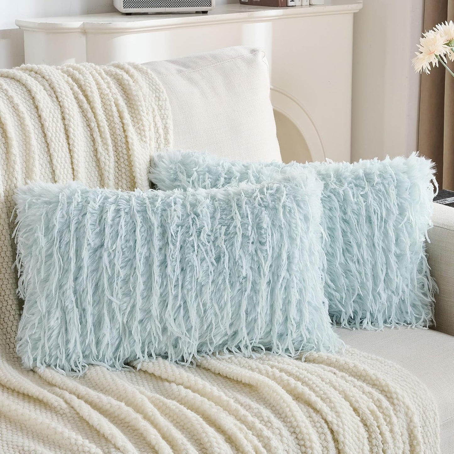 FUTEI Light Blue Decorative Throw Pillow Covers 12x20 Inch Set of 2,Soft Fluffy Faux Feather Texture Lumbar Pillow Cases,Modern Home Luxury Decor for Couch Bed Living Room