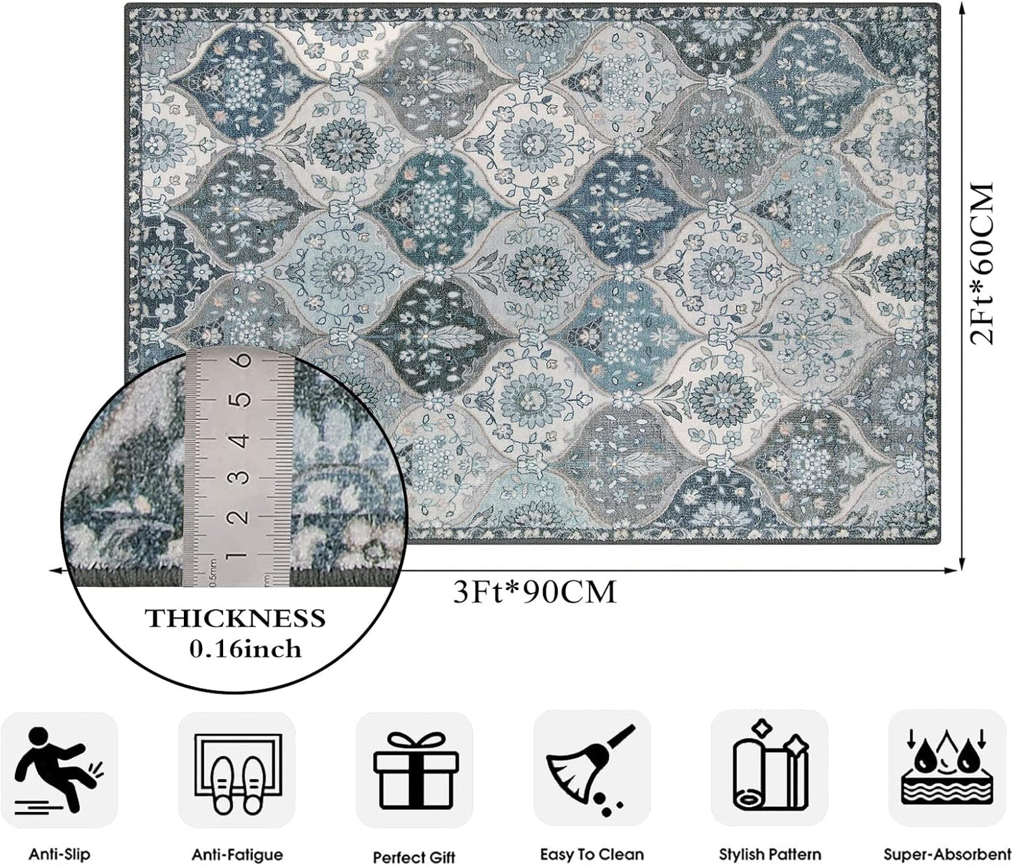 Lahome Moroccan Trellis Front Door Mat Indoor Entrance, 2x3 Rugs for Entryway Non-Slip Washable Indoor Door Mat, Oriental Accent Small Rug for Kitchen Bedroom Bathroom, Blue