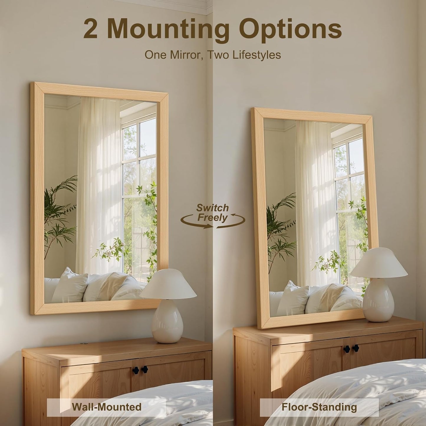 Delma Wall Mirror with Wooden Frame, 36x24 Farmhouse Wall Mounted Floor Mirror with Stand, Vertical Hanging, Leaning Standing for Bathroom,Bedroom, Living Room