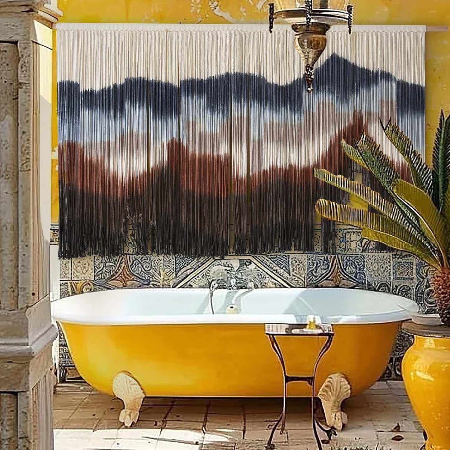 Flber Macrame Wall Hanging Handmade Dip Dye Boho Tapestry for Bedroom, Living Room, Dorm Large Woven Cotton Wall Art Decor, Aesthetic Bohemian Home Decoration 57" Wx35 L