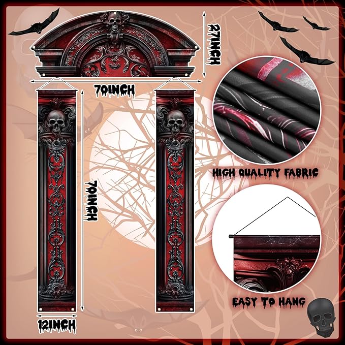3 Pcs Halloween Cemetery Archway Halloween Cemetery Banners Gothic Outdoor Banners Sign Banner Decorations for Outdoor Party Supplies (Red Classic)