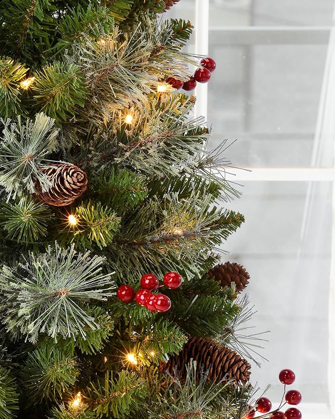 3ft Pre-lit Artificial Christmas Tree with 70 Warm White Lights, Flocked with 12 PineCones,12 Red Berries Green
