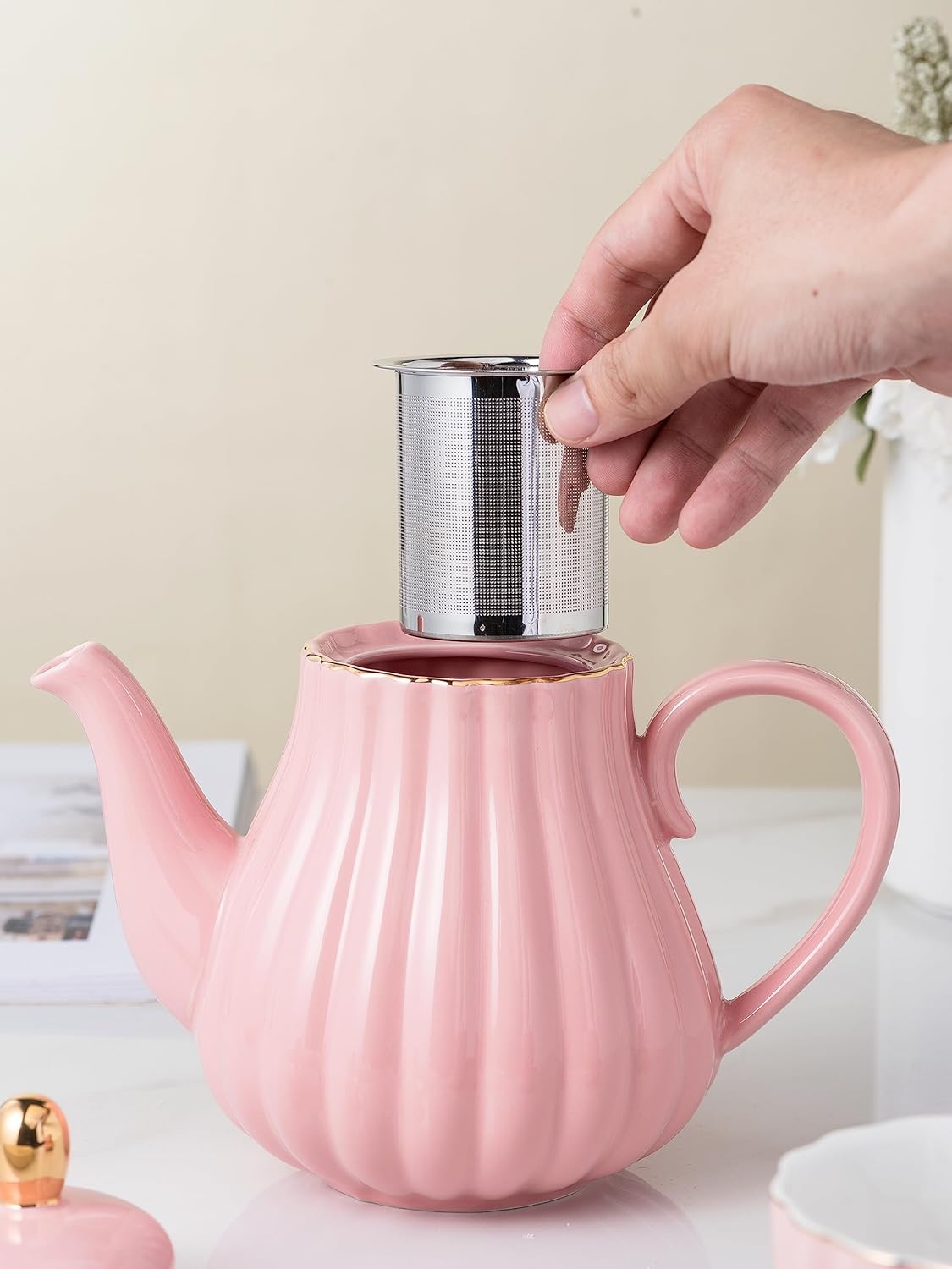 CLAY TONIC-- 8 OZ Fine China Purple Coffee Cup/Teacup Set, Cups & Saucer, with Teapot-Sugar Bowl-Cream Pitcher Teaspoons and tea strainer for Tea/Coffee,17-Pieces- Service for 4 (Pink)