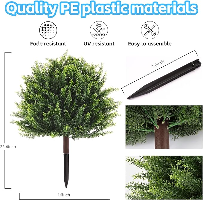 24" Artificial Plants Topiary Cedar Tree Indoor, Set of 2 Faux Plants Outdoor UV Resistant Fake Shrubs for Front Porch Garden Decor with Ground Spike