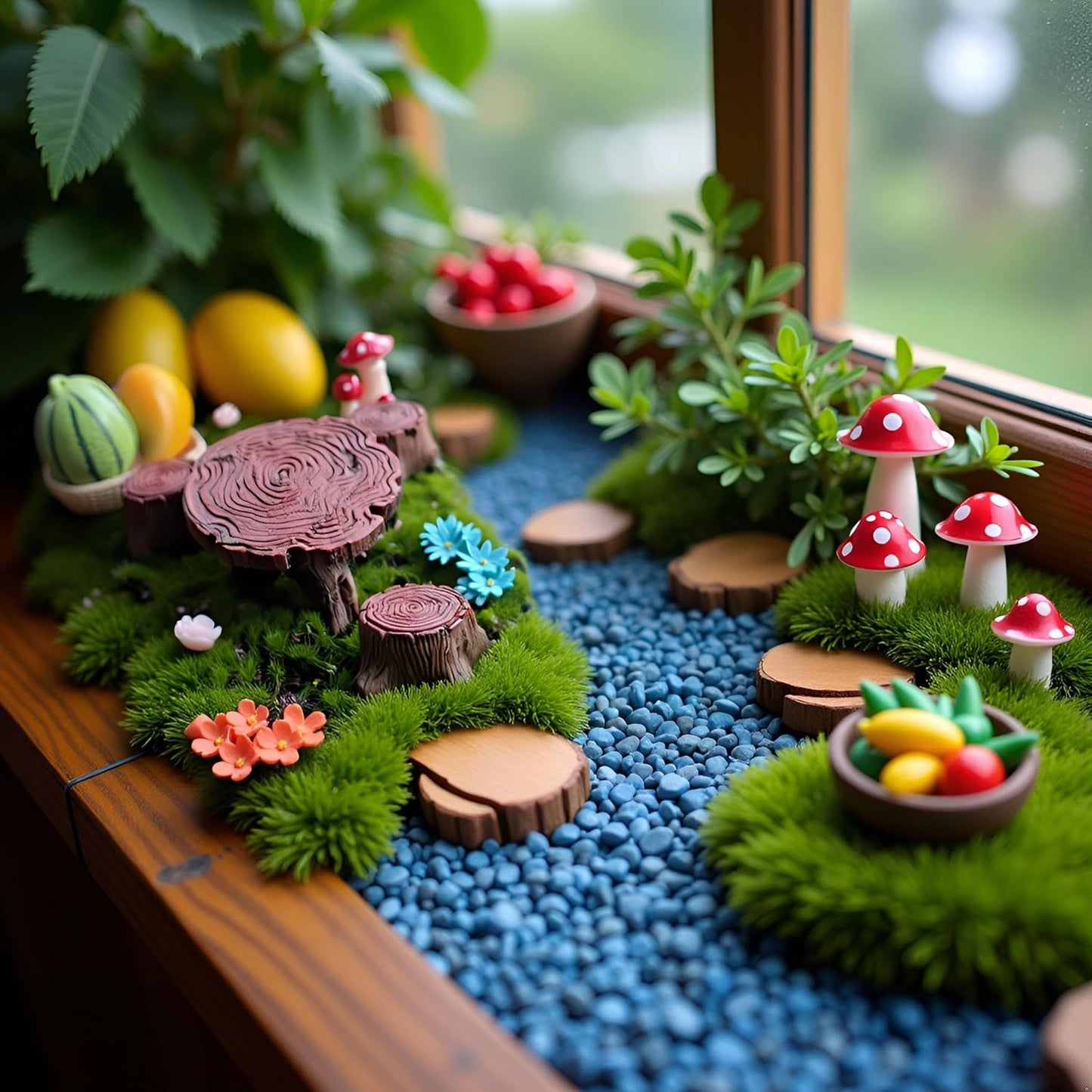 Fairy Garden Kit with 118 Pieces, Miniature Resin Figurines, Mushrooms, Bridge, Steps, Moss, Faux Flowers, Fake Fence, Crystal Gravel & Garden Accessories for DIY Fairy Gardens and Miniature Dioramas