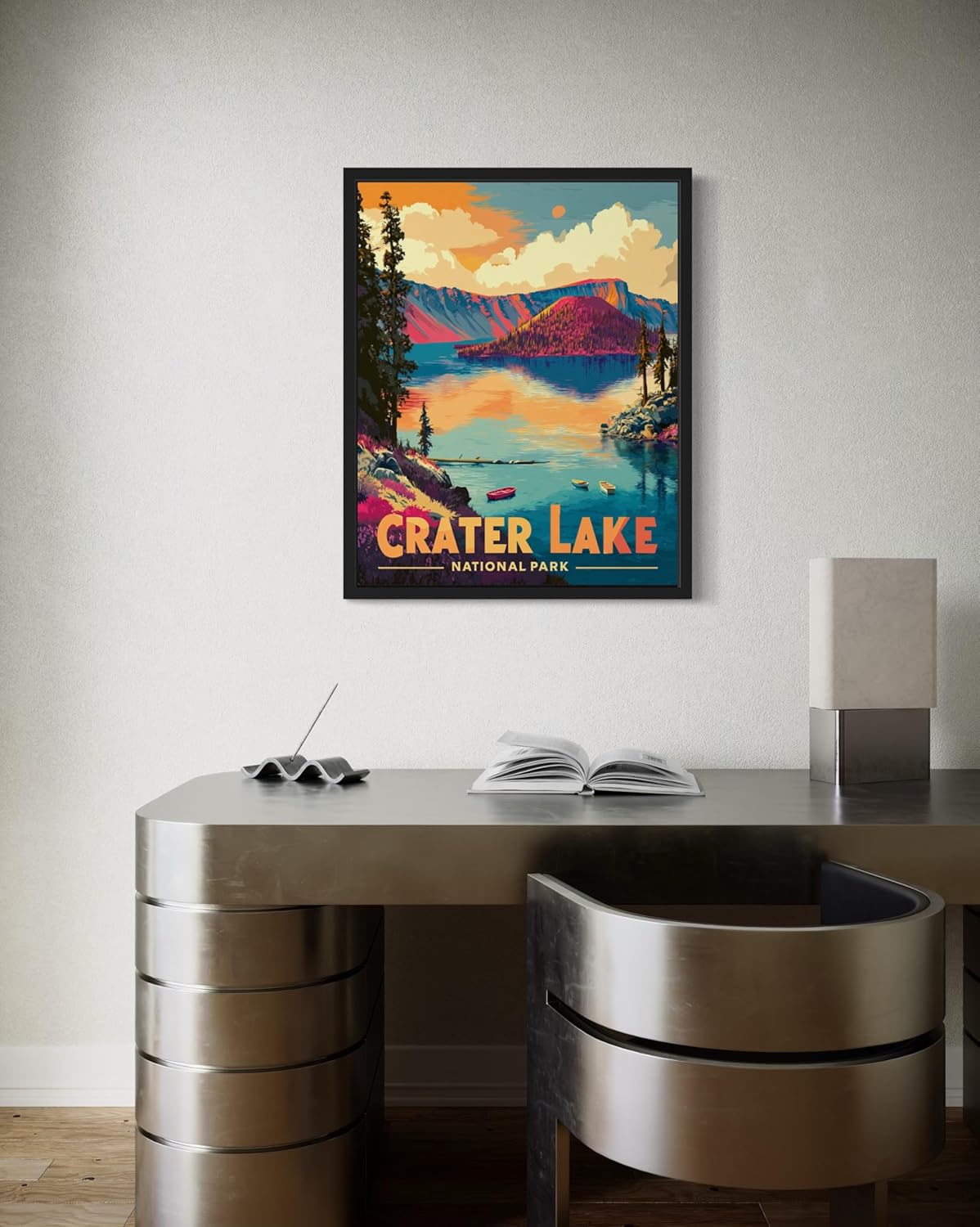 Crater Lake National Park Art Print Poster, Vintage Retro Pop Art Travel Wall Art Bedroom Bathroom Living Room Decor 185 (Crater Lake, 11 x 14 inches, Black Frame)
