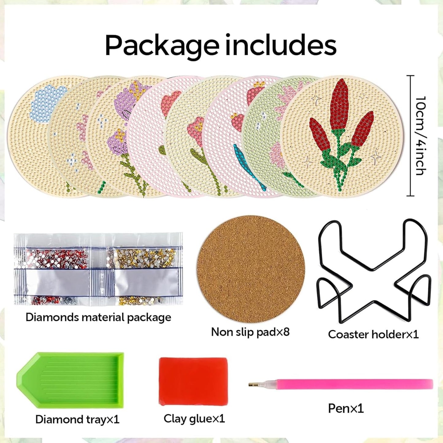 DOTSOPS Flowers Diamond Art Coaster with Holder 5D Diamond Painting Kits for Adults Round Full Drill Beginners Gem Dots Craft Arts Supplies Party Home Decor 8Pack