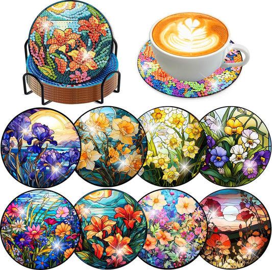 Meothan 8 Pack Diamond Art Coasters Kit-Flowers Diamond Painting Coasters Kits with Holder Cork Pads DIY Flower Diamond Coasters Set for Adults Beginners Crafts Supplies