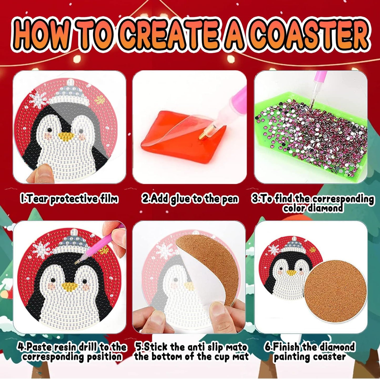 DOZEEZOP 6 PCS Christmas Diamond Art Coasters Kit, Diamond Painting Coasters with Holder, Fall Diamond Art Kits for Adults Beginners, Arts and Crafts Supplies Cute Cartoon
