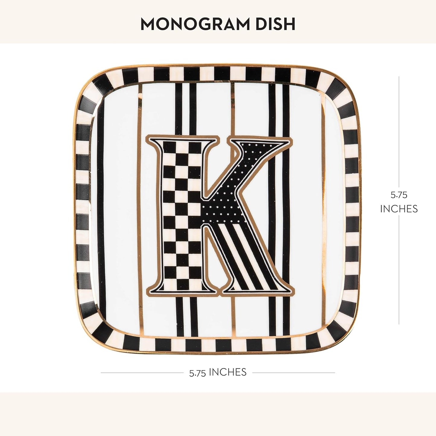 MACKENZIE-CHILDS Monogram Dish, Decorative Ceramic Letter Plate, 5 3/4" Square, K