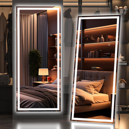 Hasipu Full Length Mirror with Lights, 67" x 24" LED Lighted Floor Standing, Full Body Dressing Hanging Mounted Mirror, Dimmable, Tempered Glass, Safe to Use, Square Black