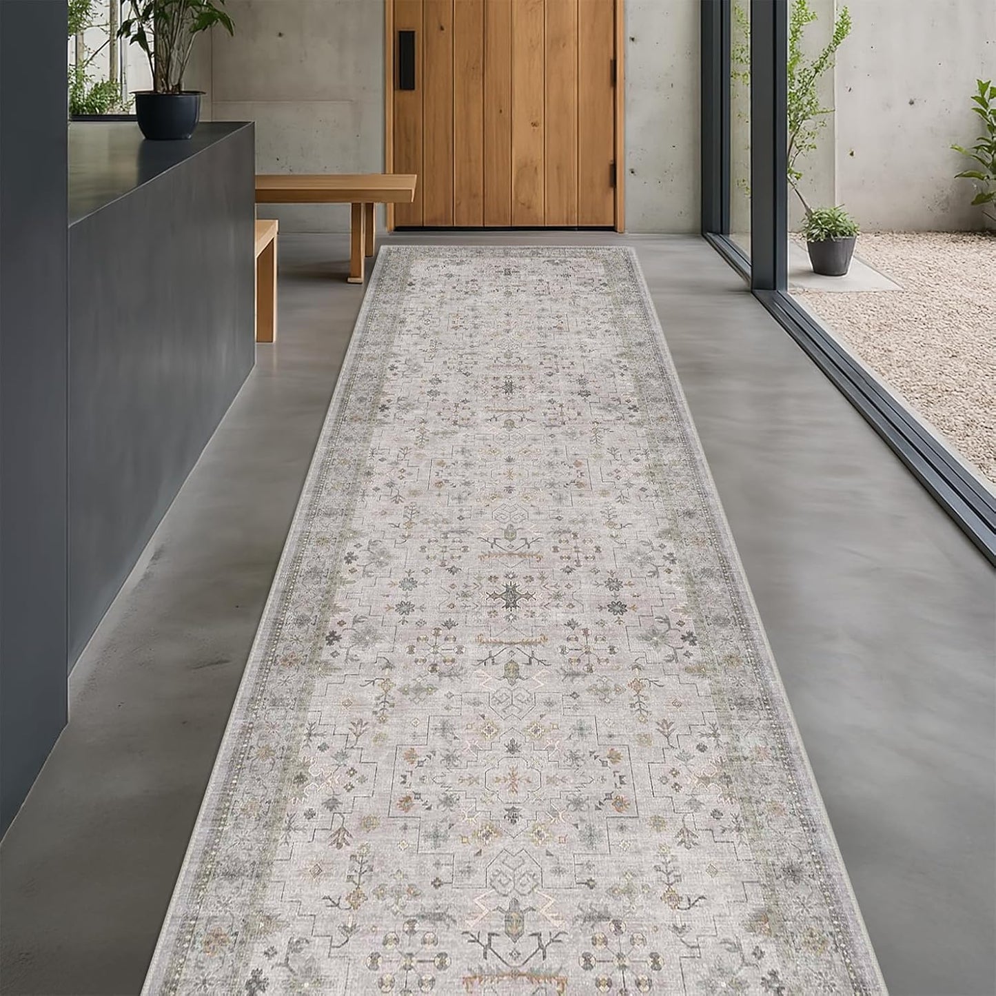 Geometric 3x20 Wide Hallway Runner - Light Gray with Taupe Accent, Boho Floral Pastel Decor, Washable Low Pile Non Slip Stain Resistant Rug for Long Kitchen, Hall Way