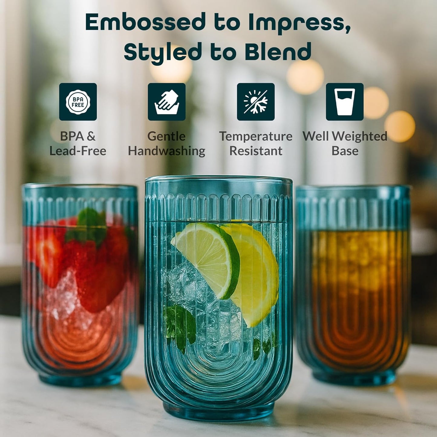 Glaver's Vintage Glassware Art Deco Glasse Ribbed Drinking Glasses U-Shape Arch Design Colored Cocktail Kitchen Tumblers Everyday Dinner Decorative Party, Blue (Blue S/4 17oz)