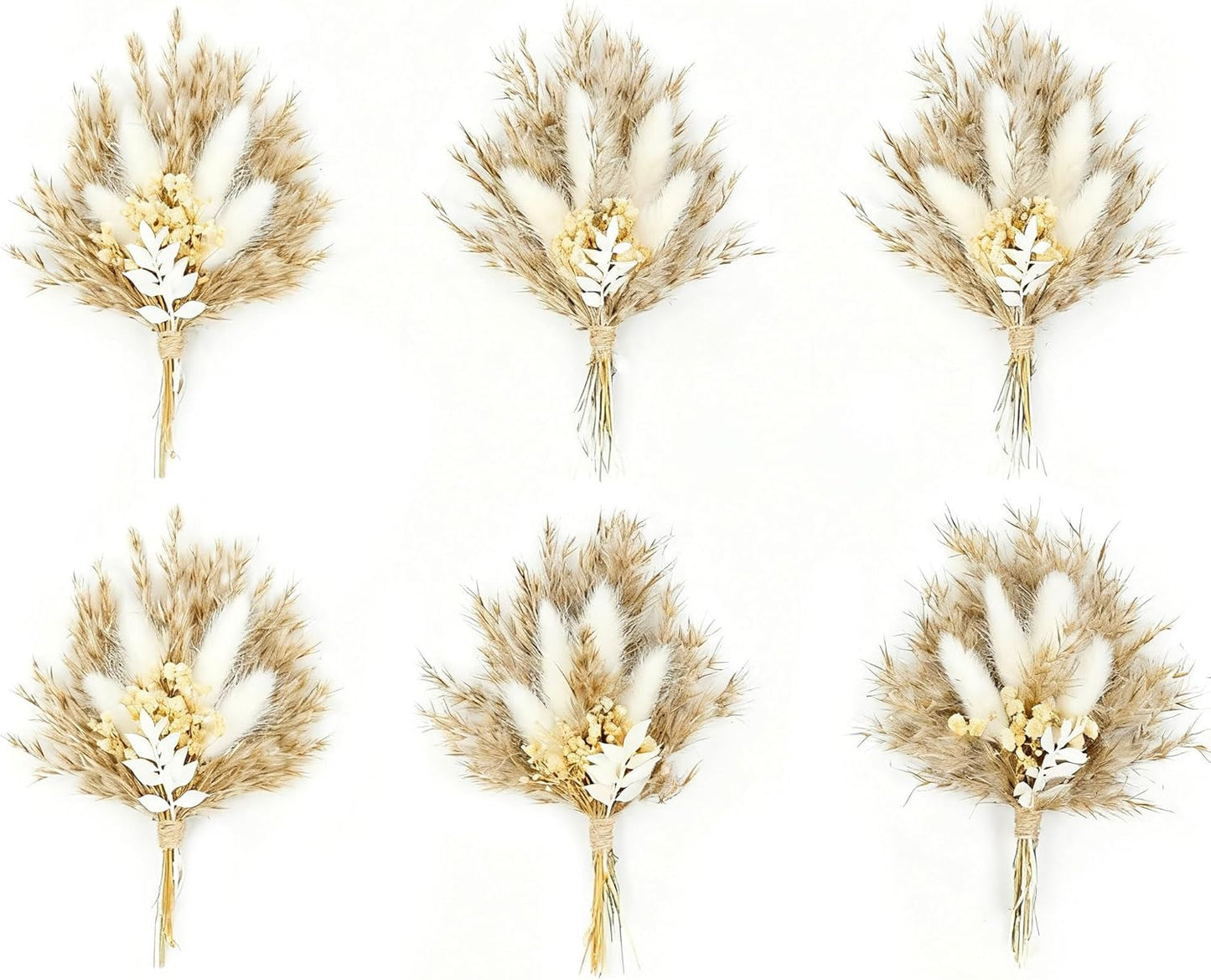 Mini Dried Flower Bouquet Set of 6, Boho Wedding Decor, Boutonniere for Men,Table Centerpieces, Dry Pampas Grass,Birthday Cake Flowers,Personalized Bridesmaid Gift Box,Small Bottles Decoration.(White)