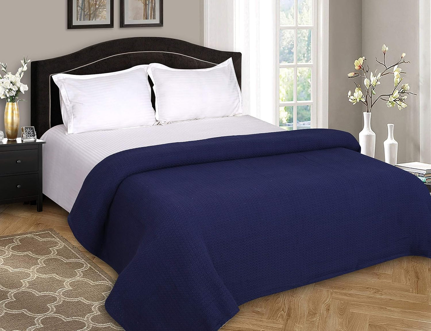 Elvana Home 100% Cotton Bed Blanket, Breathable Bed Blanket Twin Size, Cotton Thermal Blankets Twin, Perfect for Layering Any Bed for All Season, Navy Blue