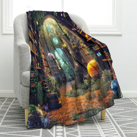 Jekeno Starry Sky Planet Bookshelf Blanket Gifts for Women Men Kids Halloween Birthday Christmas Library Book Bookcase Mysterious Tree Flowers Decor Bedroom Study Classroom Living Room Throw 60"x80"