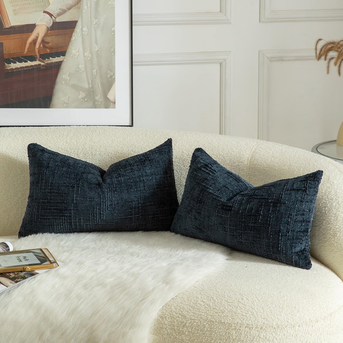 MANDIOO Pack of 2 Soft Chenille Textured Throw Pillow Covers Lumbar Accent Solid Decorative Cushion Cover Cozy Farmhouse Pillow Case for Couch Sofa Bed Living Room 16x24 Inch Dark Blue