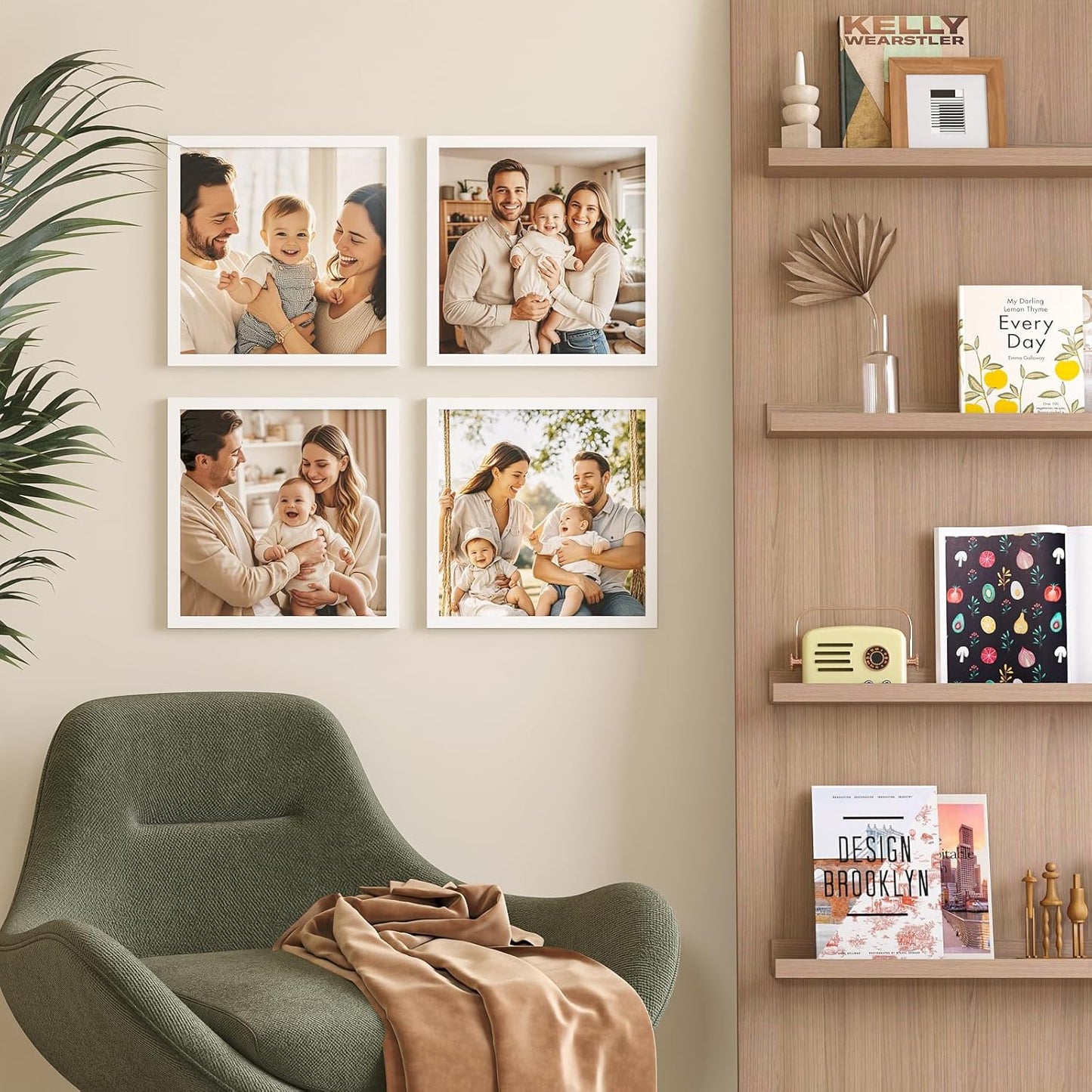 KINLINK 13x13 Picture Frame, White Square Solid Wood Frames for Pictures 13x13 without Mat and 12.5x12.5 Music Record Album, Wall Display Photo Frames White 4 Pack