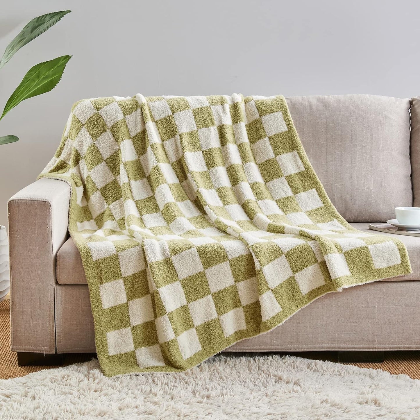 CozeCube Super Soft Fullfy Microfiber Reversible Knitted Blankets, Warm Cozy Fuzzy Plush Throw, Sage Green and White Checkered Throw Blanket for Couch Bed Sofa, 60" x 80"