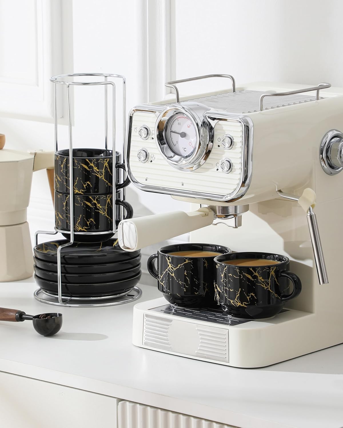 MALACASA 8 OZ Porcelain Espresso Cups with Saucers and Metal Stand Set of 4, Stackable Cappuccino Cups, Marble Black Expresso Shots Cup Set for Coffee Drinks, Latte, Tea