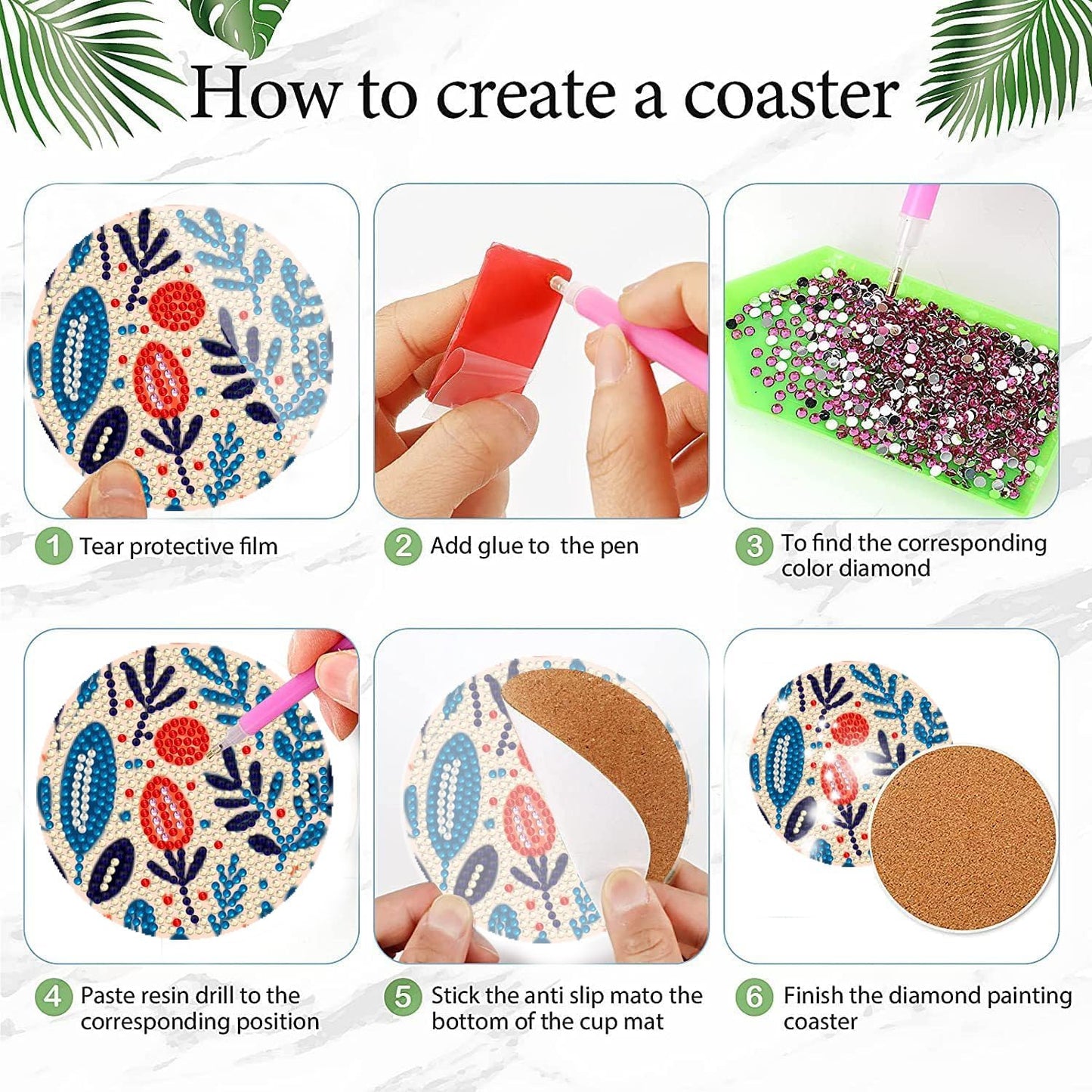 DOTSOPS 8 PCS Diamond Painting Coasters with Holder Diamond Art Coasters with Cork Base for Beginners Adults Craft Supplies Party Flower