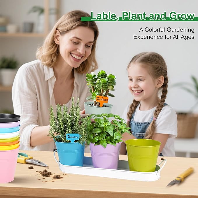 Herb Garden Planter Indoor Kit – 6 Metal Pots with 2 Trays for Windowsill & Kitchen Counter – Modern Decorative Indoor Planters for Herbs, Succulents & Small Plants