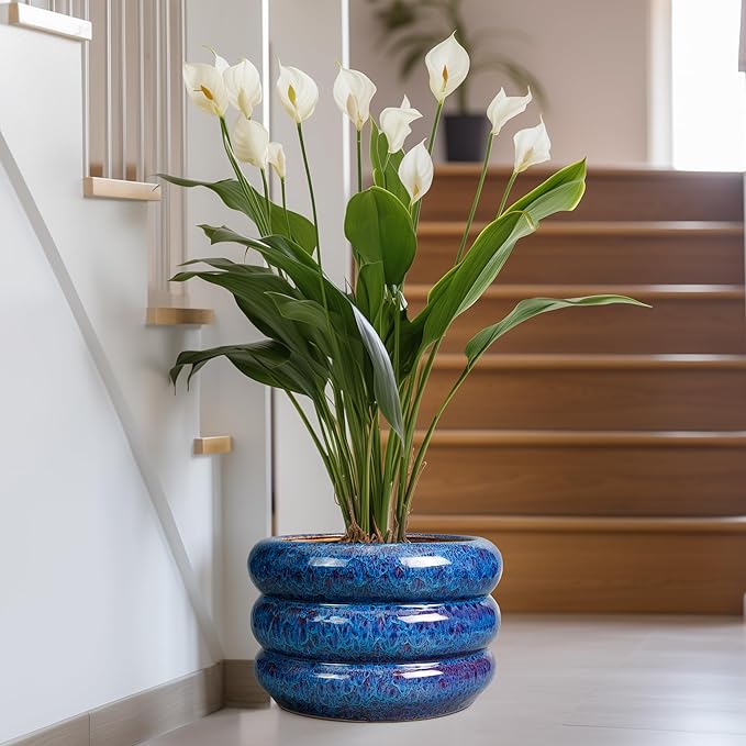 SQOWL Ceramic Pot for Plants 13.5 Inch - Outdoor Planter Large Plant Pot Indoor with Drainage Hole Round Flower Pot Mid-Century Planter for Patio Outdoor Decor Blue