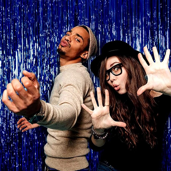 4 Pack Blue Foil Fringe Curtain Backdrop, 3.28Ft x 9.84Ft Metallic Tinsel Streamers for Sea Party, Photo Booth Props, Birthday, 2022 Summer Ocean Theme Party Decoration Supplies