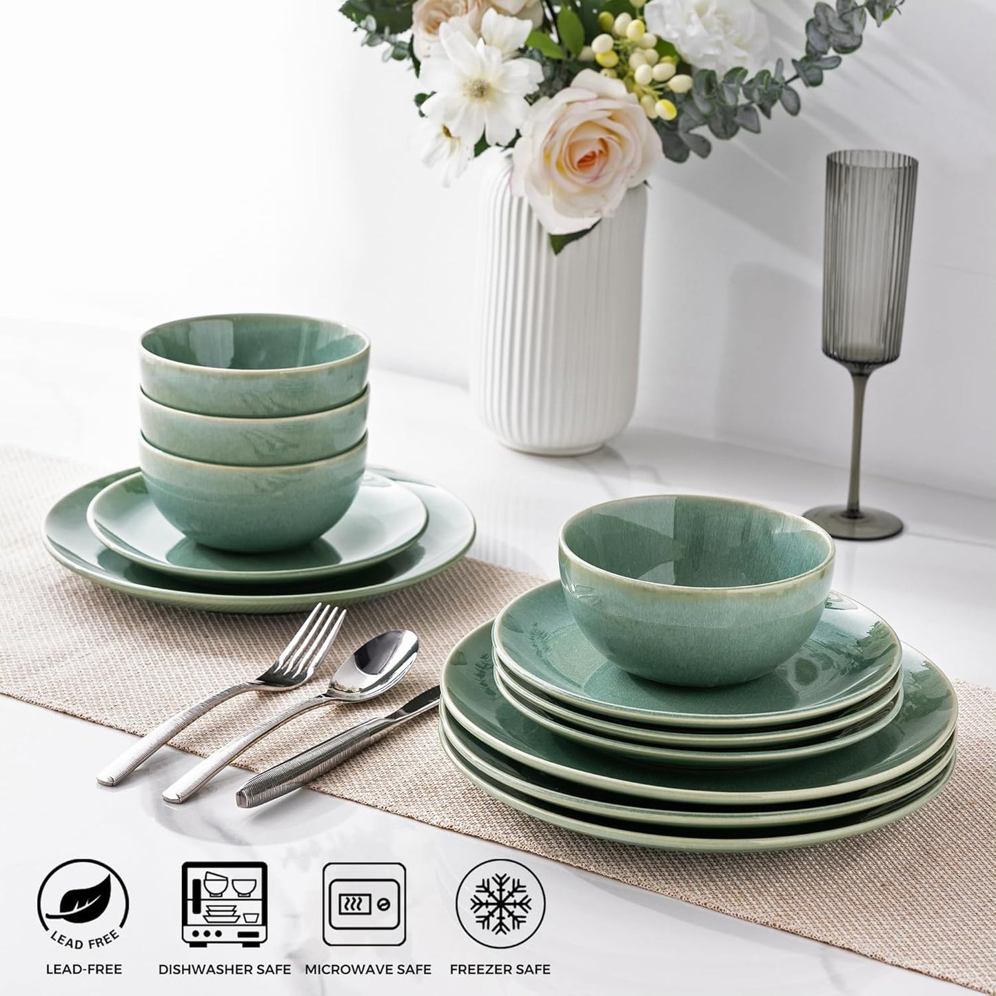 GBHOME Ceramic Dinnerware Sets for 4, 12 Pieces Stoneware Plates and Bowls Sets, Reactive Glaze Dishes -Scratch Resistant, Dishwasher&Microwave Safe-Malachite Green
