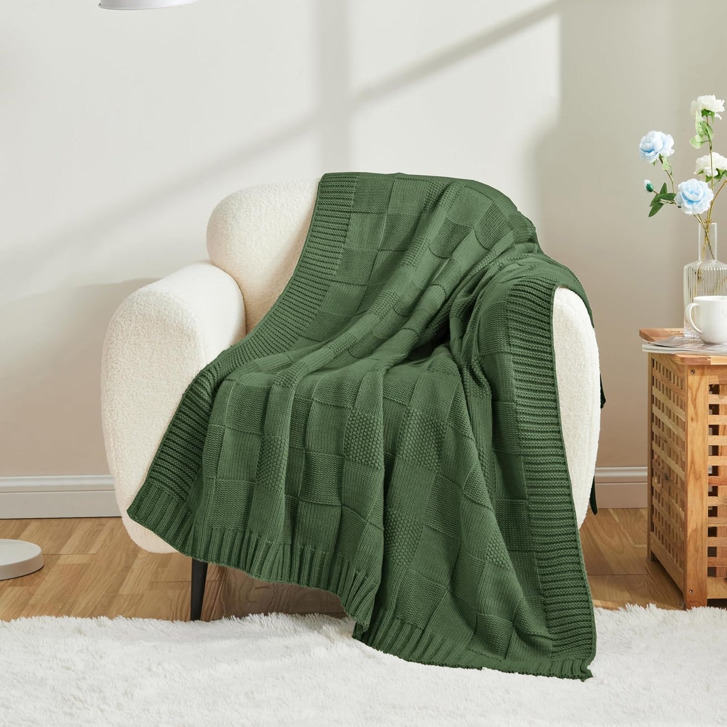 CozeCube Check Knit Throw Blanket, Christmas Green Checkered Bedroom Blanket for Couch, Soft Cozy Warm Knitted Blanket for Bed Sofa Living Room, Decorative Spring Fall Throw Blanket, 50"X60"
