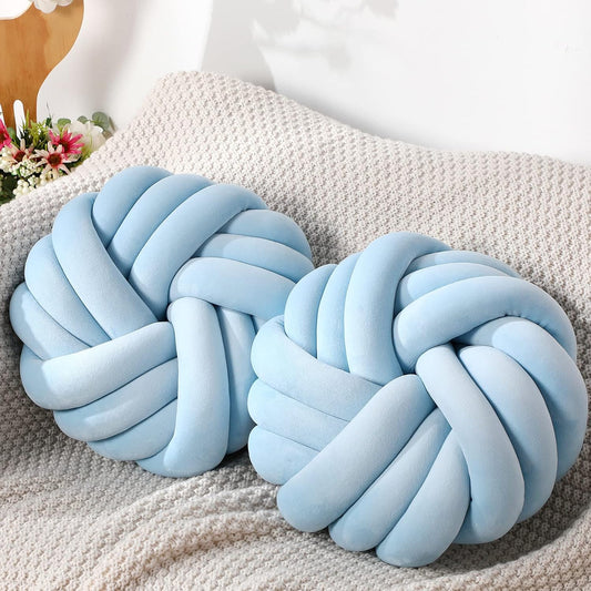 Fumete 2 Pcs 14 Inches Knot Pillow Round Throw Soft Plush Knot Ball Pillow Handmade Knotted Modern Home Decorative Cushion for Bed Bedroom, Sofa, Couch (Sky Blue)