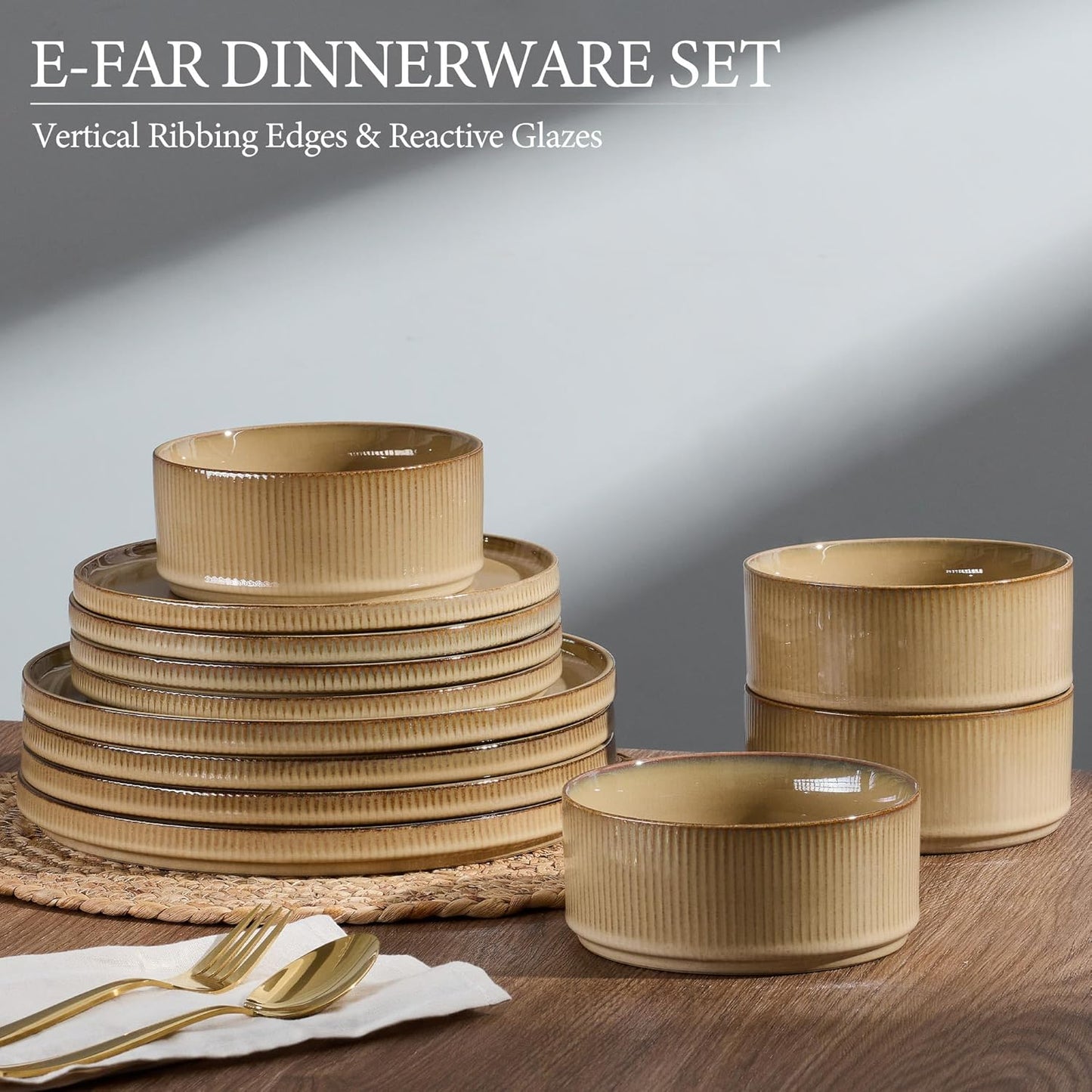 E-far 12-Piece Plates and Bowls Sets, Stoneware Dinnerware Dishes Sets for 4, Kitchen Modern Dining Dishware, Chip & Scratch Resistant, Microwave & Dishwasher Safe, Caramel Khaki