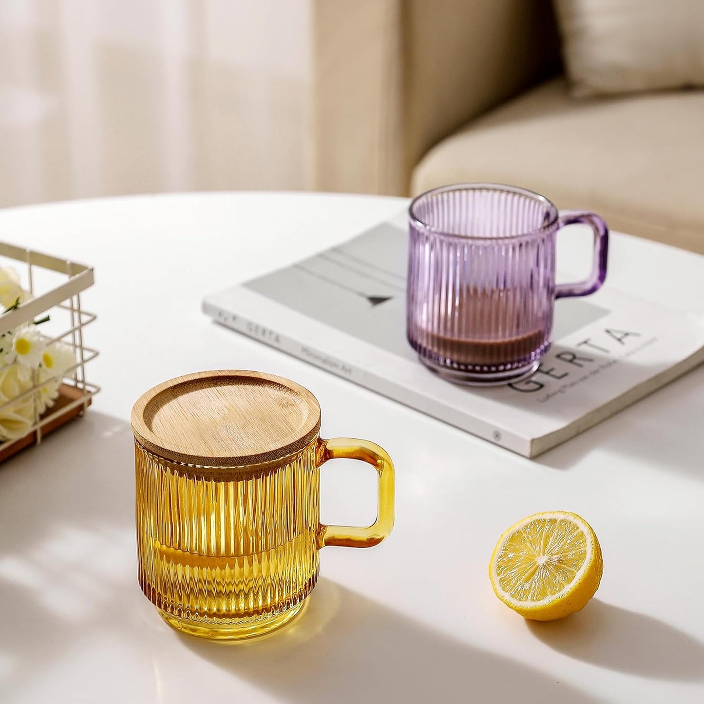 Lysenn Glass Coffee Mug with Lid - Premium Classical Vertical Stripes Glass Tea Cup - for Latte, Tea, Chocolate, Juice, Water - Lead-Free - Bamboo Lid - Amethyst Purple