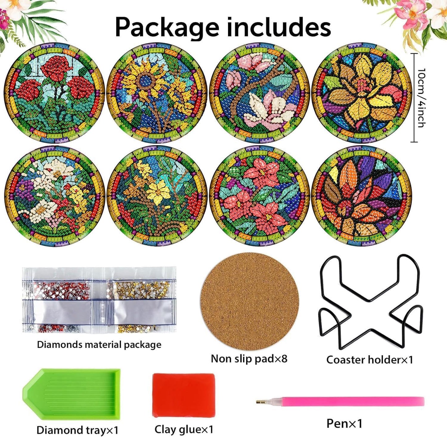 Meothan 8 Pcs Diamond Art Coasters Kits for Adults with Holder Cork Pads, Stained Glass Flowers Diamond Dots Art Painting Coasters Crafts Kit for Home Office Decor (4x4in)