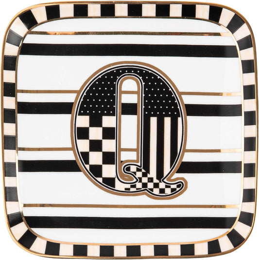 MACKENZIE-CHILDS Monogram Dish, Decorative Ceramic Letter Plate, 5 3/4" Square, Q