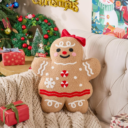 Lanpn Christmas Gingerbread Girl Pillow, Christmas Decoration Winter Throw Pillows Soft Fleece Sherpa Cute 3D Shaped Ginger Bread Lady Throw Cushion for Sofa Bedroom Xmas Decor (16.3x18.5 inch)