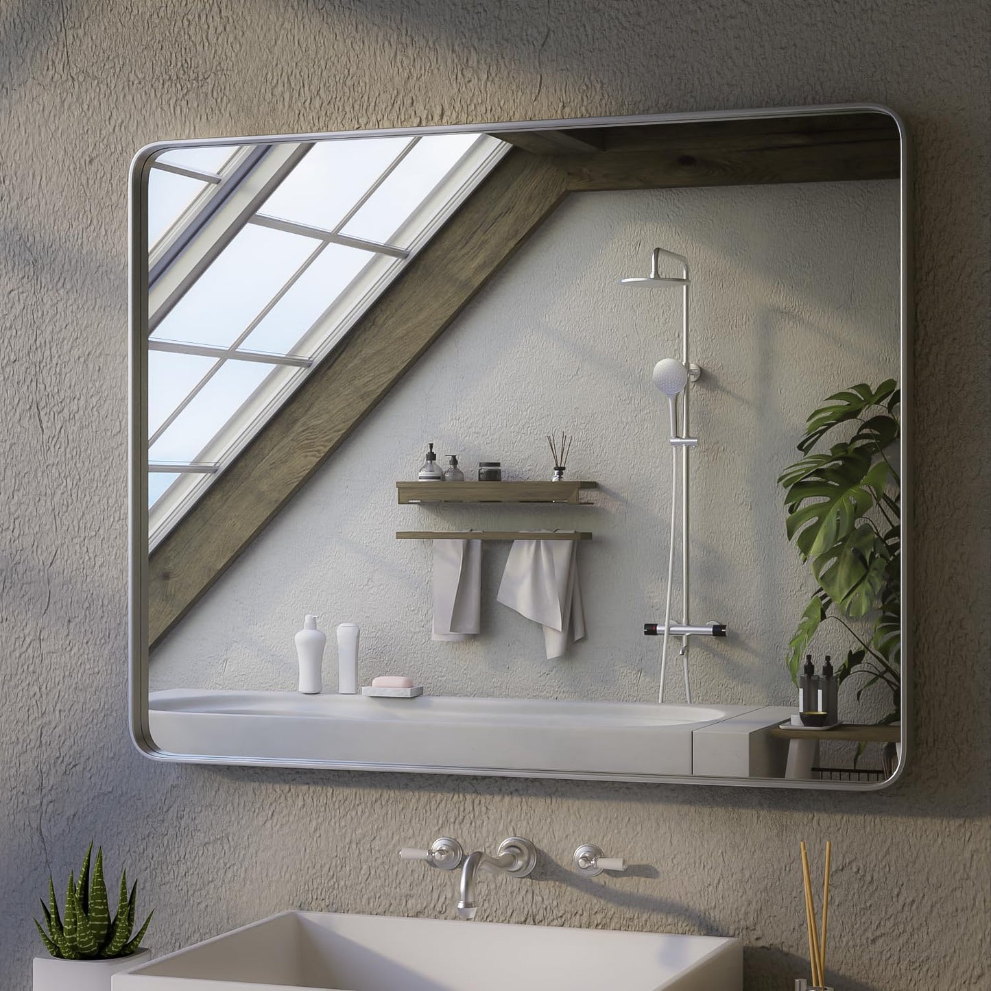 ISKM 36"x 30" Silver Bathroom Mirror for Wall, Bathroom Vanity Mirror Anti-Rust, Tempered Glass, Rounded Rectangle Mirror(Horizontal/Vertical)