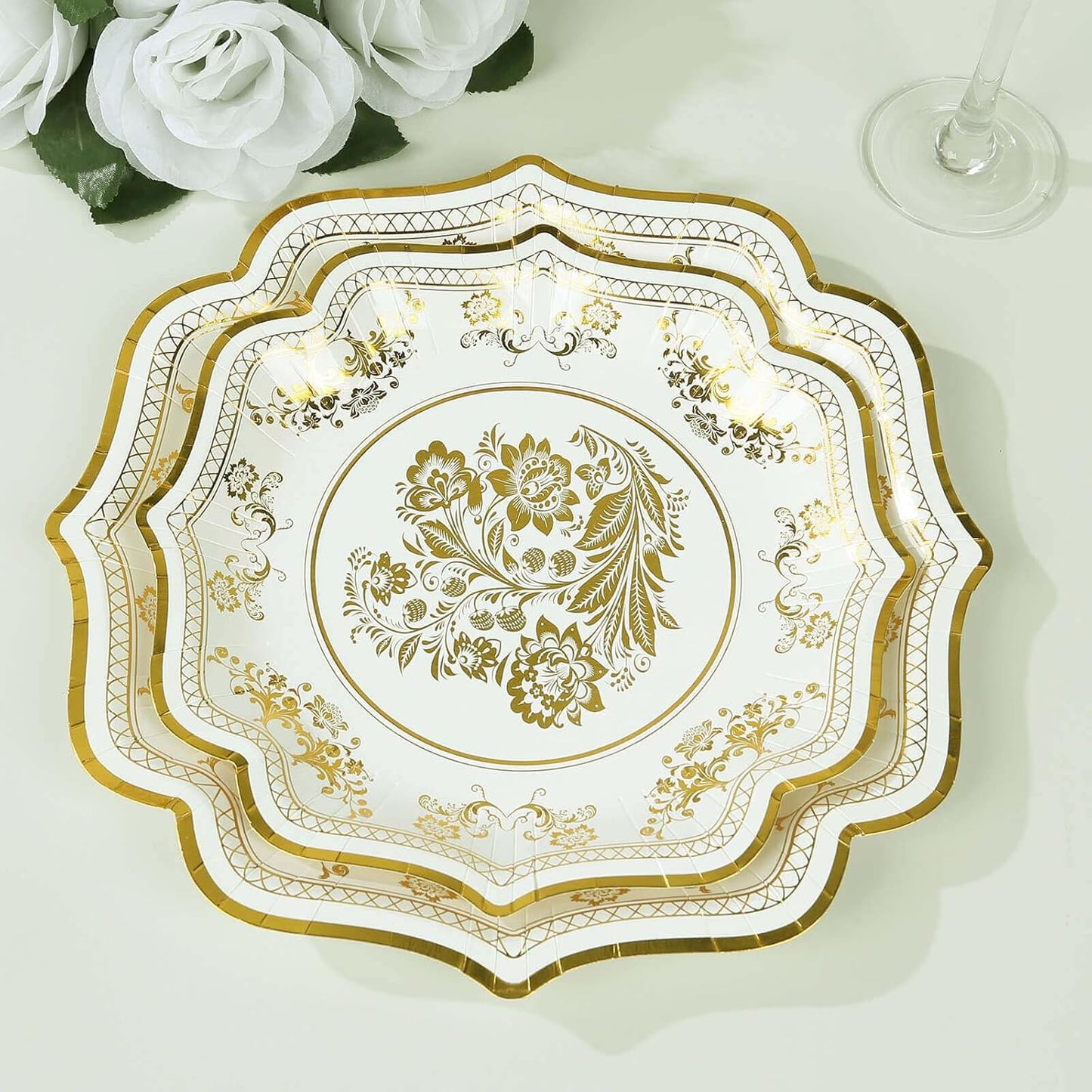 Efavormart 25 Pack White Gold Paper Dessert Plates in French Toile Floral Pattern, 8" Round Disposable Salad Appetizer Plates with Scalloped Rims - 300 GSM