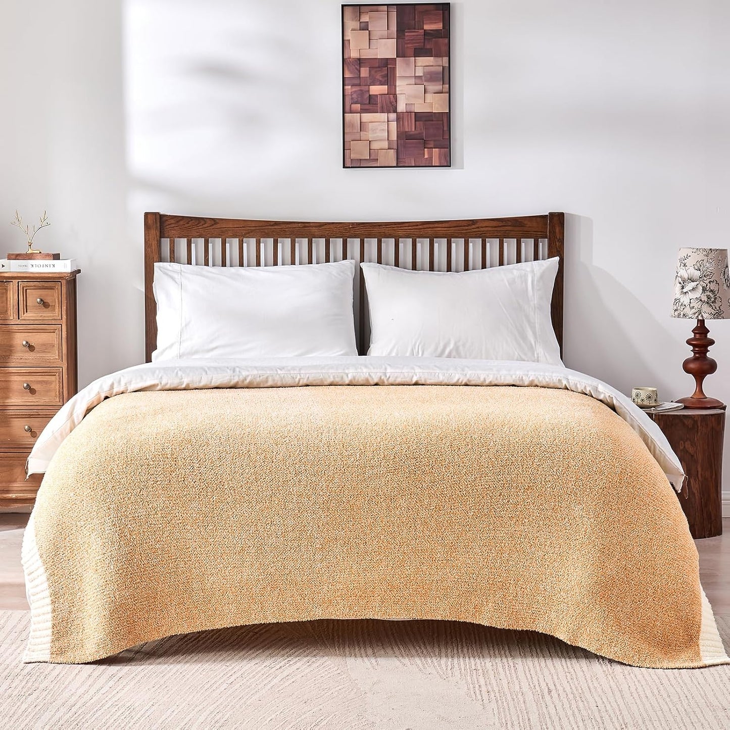 CozeCube Super Soft Fullfy Microfiber Reversible Knitted Blankets, Warm Cozy Fuzzy Plush Throw, Orange and White Melange Throw Blanket for Couch Bed Sofa, 50" x 60"