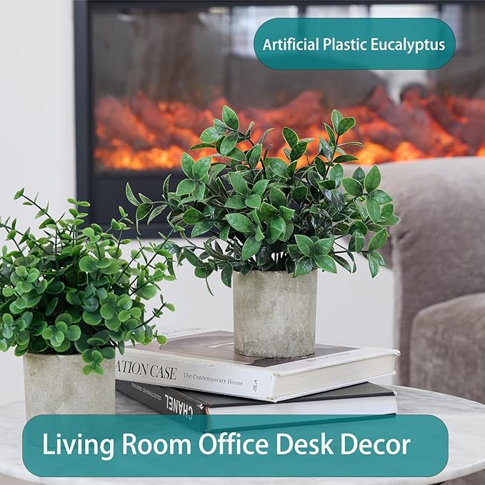 3 Pack Fake Potted Plants Artificial Eucalyptus Small Topiaries Lifelike Faux Plants for Home Office Coffee Room Desk Decor (Dark Green)