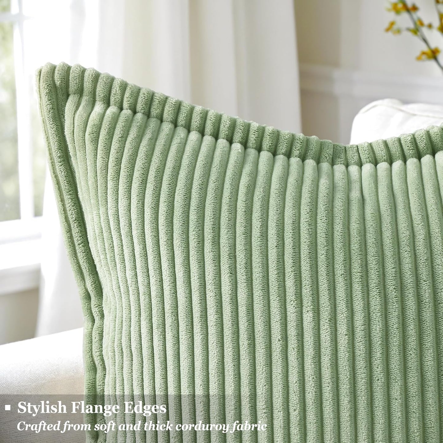 decorUhome Corduroy Sage Green Throw Pillow Covers 16x16 Set of 2 Decorative Soft Boho Farmhouse Euro Couch Pillow Covers for Living Room Bed Sofa Broadside Striped Pillow Cases