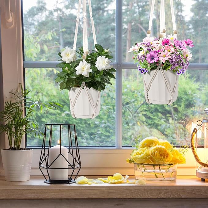 Macrame Plant Hanger, Hanging Planter Basket with Wood Beads, Decorative Boho Flower Pot Holder for Indoor and Outdoor, Ivory, 35 Inch Set of 2 (POTS NOT Included)