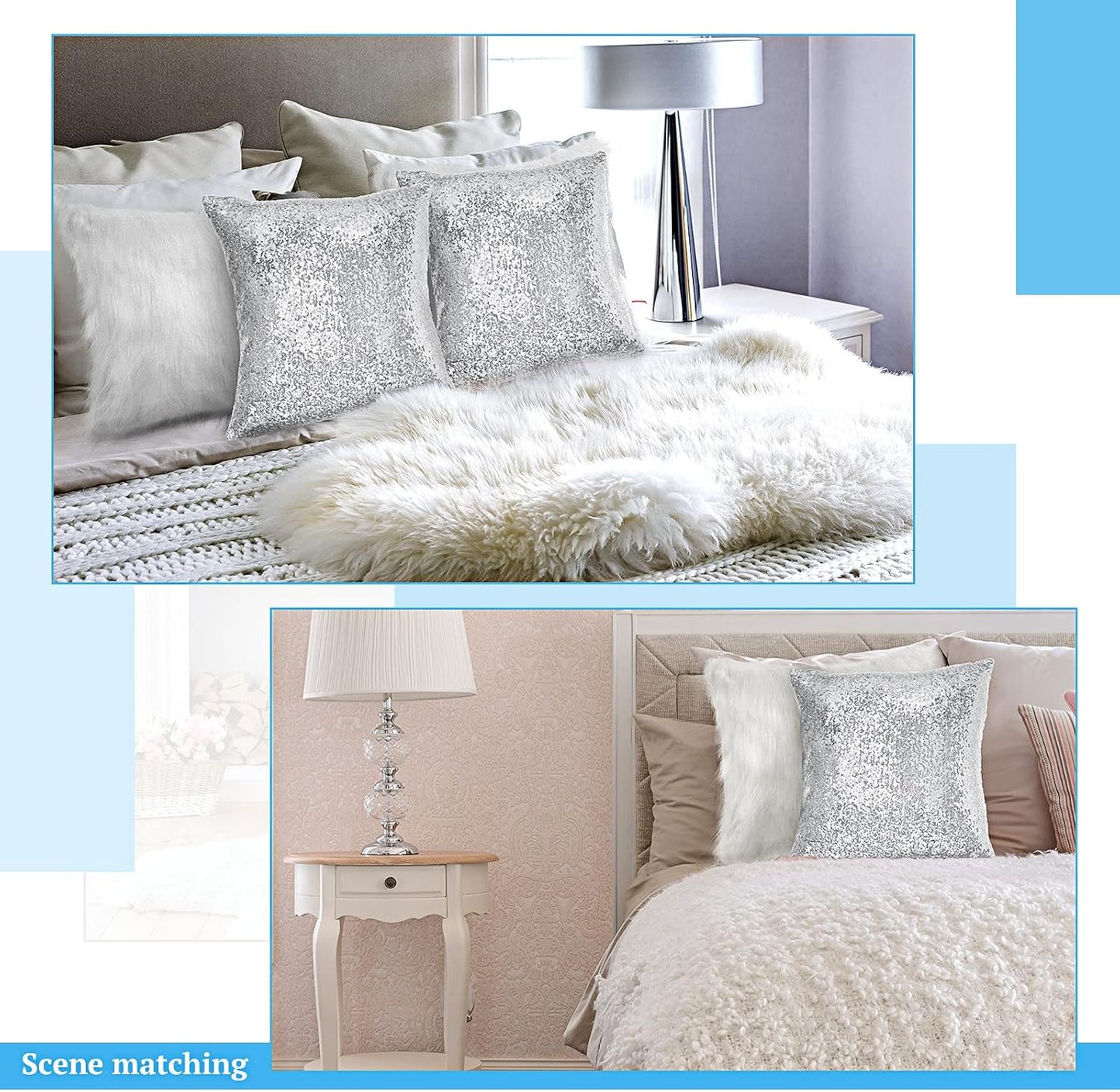 Irenare 4 Pcs Sequin and Fluffy Pillow Covers Winter Throw Pillow Cases Soft Cushion Cover for Couch Bed Sofa Xmas Day(18 x 18 Inch,White, Silver)