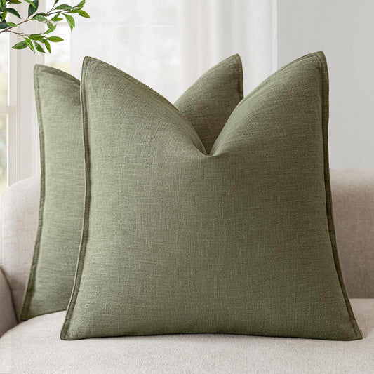 Foindtower Pack of 2, Decorative Linen Soild Throw Pillow Covers Soft Accent Cushion Case Farmhouse Neutral Pillowcase for Chair Couch Sofa Bedroom Living Room Home Decor 26x26 Inch Olive Branch Green