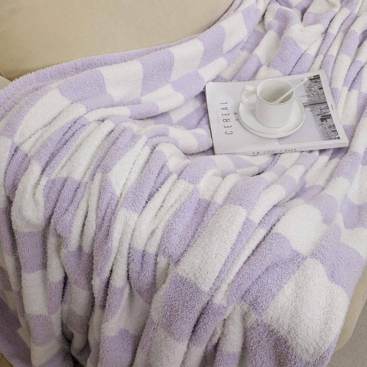bearberry Fuzzy Checkerboard Grid Throw Blanket Soft Cozy Warm Microfiber Bed Blanket Decor for Couch Sofa Bed Travel Home (Purple, 60''x80'')