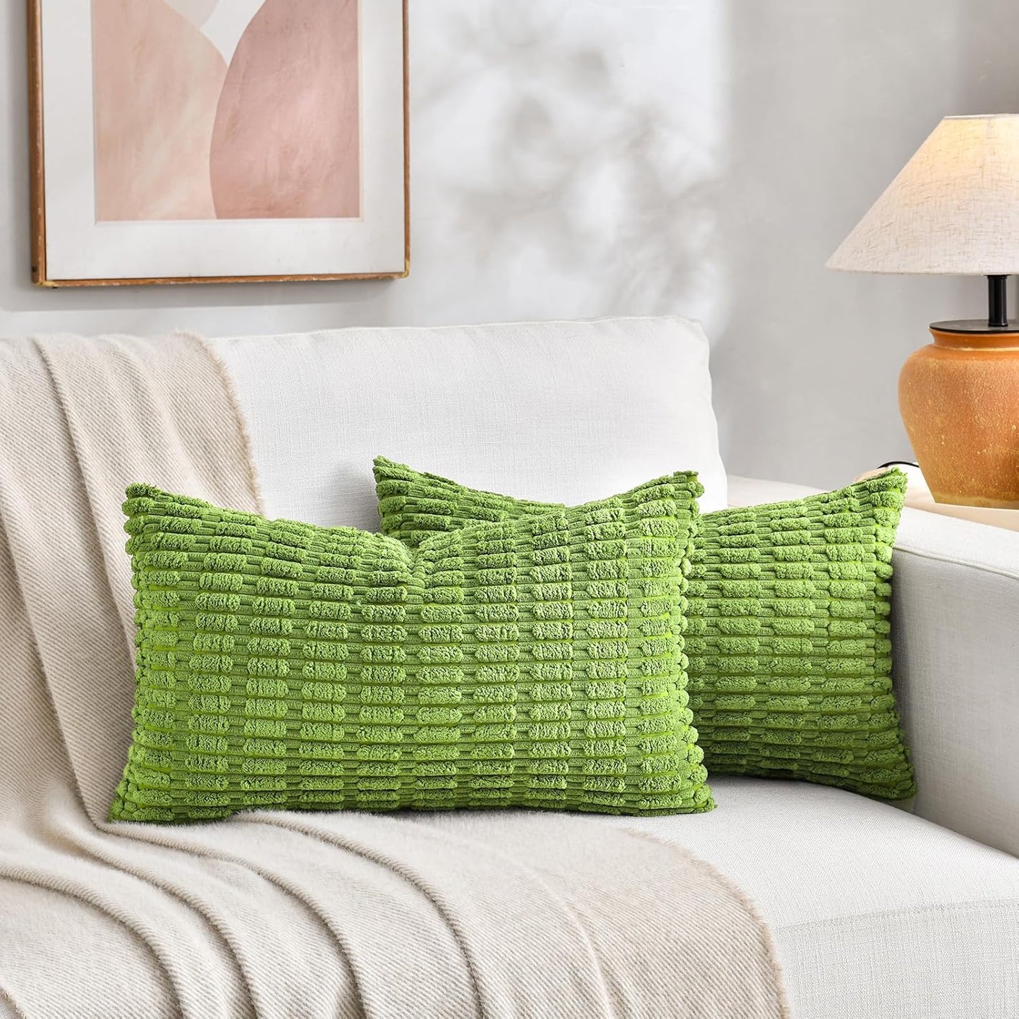 Fancy Homi 4 Packs Boho Lime Green Decorative Throw Pillow Covers 12x20 Inch for Couch Bed Sofa, Rustic Modern Farmhouse Home Decor, Soft Plush Corduroy Cute Rectangle Cushion Case 30x50 cm