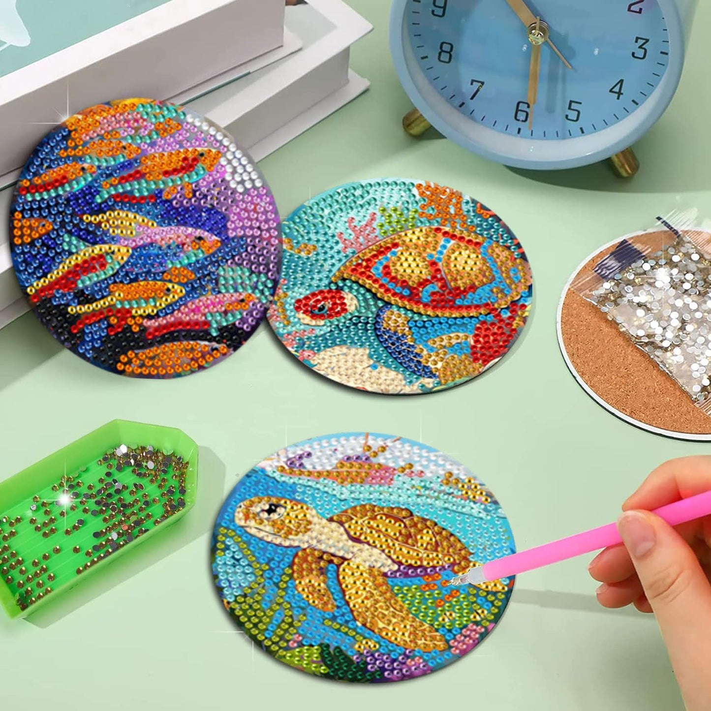 EWJRNSF 6 PCS Small Diamond Art Coasters Kits, Diamond Painting Coasters, Fall Diamond Art Kits for Adults Beginners, Arts and Crafts Item Sets with Holder for Drinks. Ocean